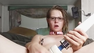 Collared college girl enjoys rough glass dildo and hitachi w/nipple clamps