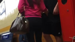 Asian slut grabs dick in public