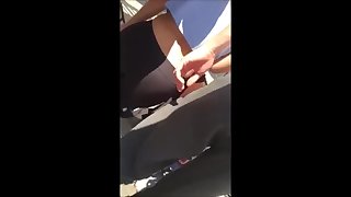 Candid teen black leggings blue top