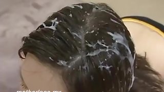 hairdressing with bukkake on hair.