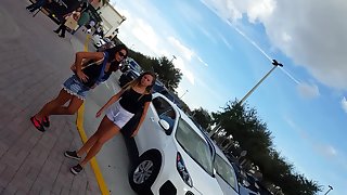 Candid voyeur hot teen white tight shorts with mom shopping