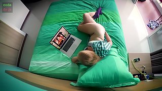 porn watching orgasm  crossed legs masturbation in purple socks