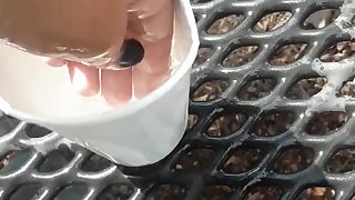 old man fists tight teen cup on public park bench