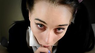 Gorgeous Teen Newbie has a staring contest while sucking dirty old man cock